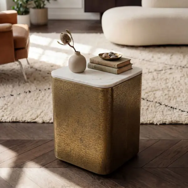 FineBuy Beistelltisch Metall mit weißer Marmor Tischplatte, Gold – 33 cm FineBuy Beistelltisch Metall mit weißer Marmor Tischplatte, Gold – 33 cm