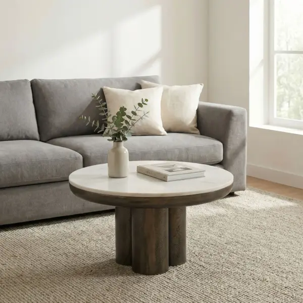 FineBuy Couchtisch Metall mit weißer Marmor Tischplatte aus Aluminium, Schwarz – 60 cm
