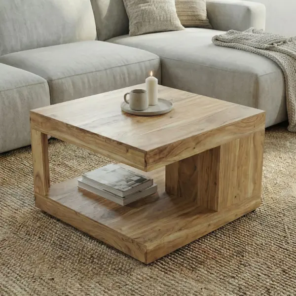 FineBuy Couchtisch Akazie Massivholz 60cm – Quadratischer Wohnzimmertisch mit Ablagefach – Design Sofatisch Holz – Offener Loungetisch – Natur Beistelltisch Handmade