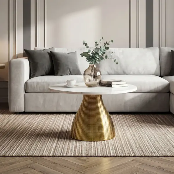 FineBuy Couchtisch Metall mit Marmor Tischplatte aus Aluminium, Weiß – 60 cm