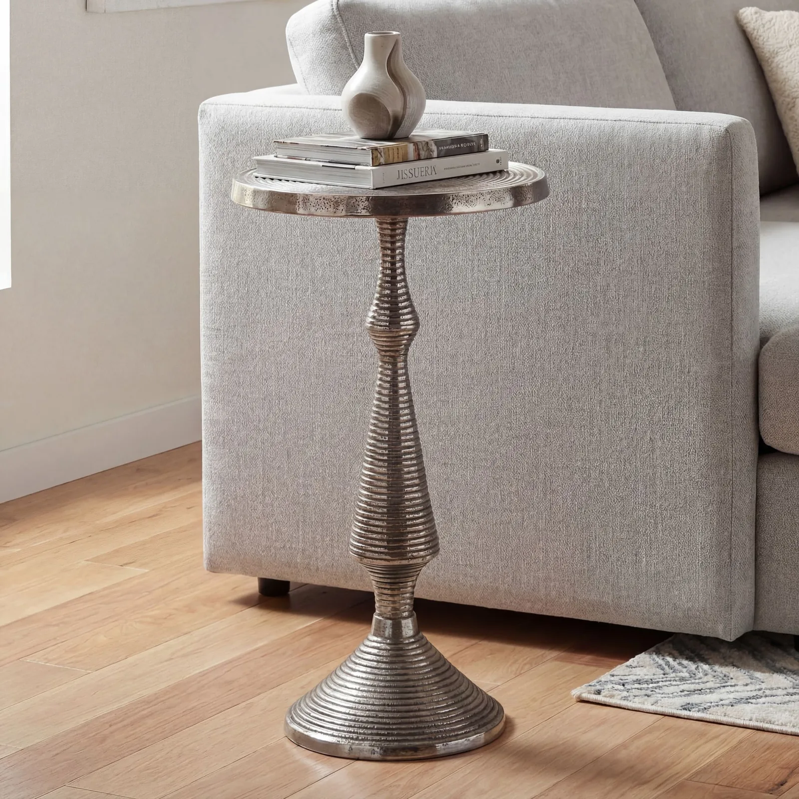 FineBuy Beistelltisch Silber 30cm Aluminium Tisch Rund - Anstelltisch Metall Dekotisch - Design Wohnzimmertisch Rillenoptik - Sofatisch Modern - Couchtisch Handmade
