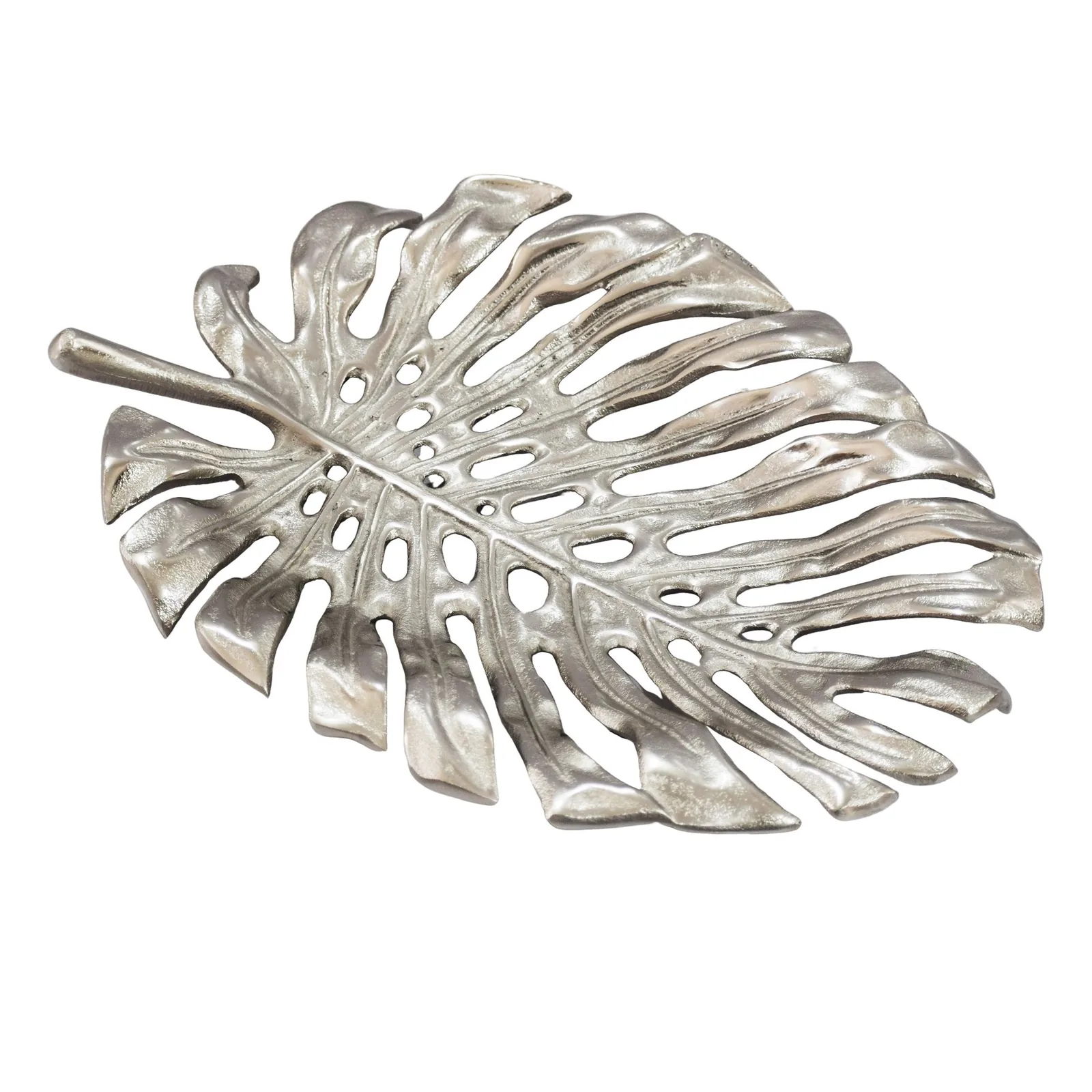FineBuy Dekoschale Aluminium 36cm Monstera Blattform, Silber
