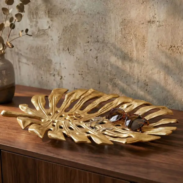 FineBuy Dekoschale Aluminium 36cm Monstera Blattform, Gold FineBuy Dekoschale Aluminium 36cm Monstera Blattform, Gold