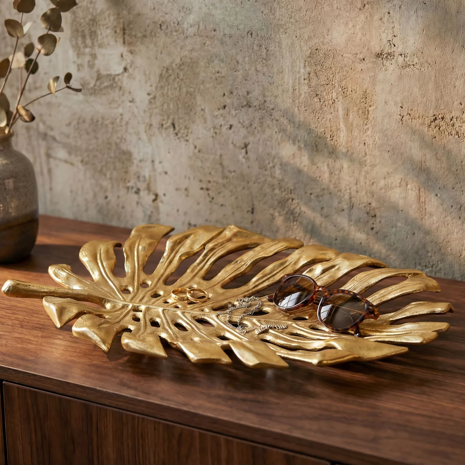 FineBuy Dekoschale Aluminium 36cm Monstera Blattform, Silber