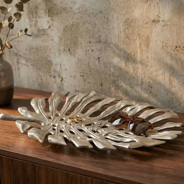 FineBuy Dekoschale Aluminium 36cm Monstera Blattform, Silber FineBuy Dekoschale Aluminium 36cm Monstera Blattform, Silber