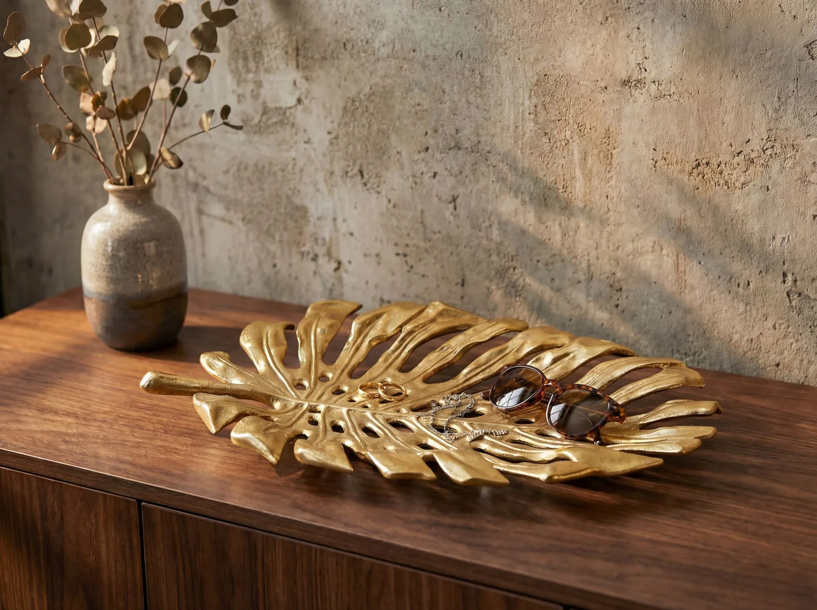 FineBuy Dekoschale Aluminium 36cm Monstera Blattform, Silber