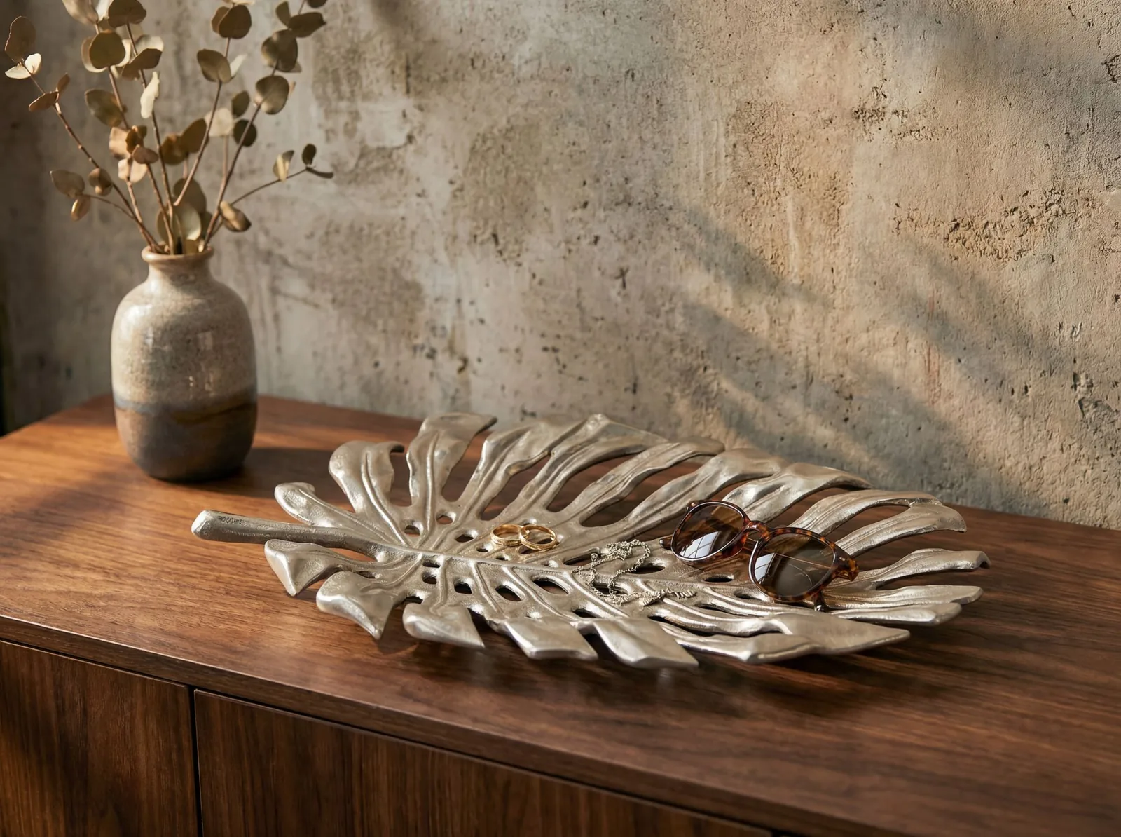 FineBuy Dekoschale Aluminium 36cm Monstera Blattform, Silber