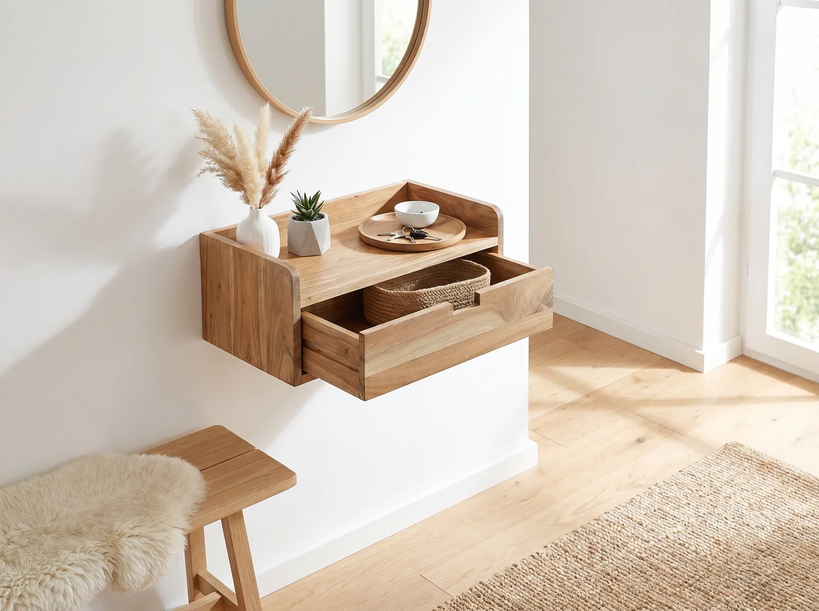 FineBuy Wandregal Akazie Massivholz, Braun – 45 × 30 cm