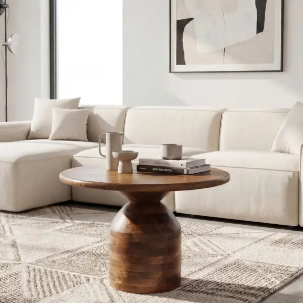 FineBuy Couchtisch Mango Massivholz 60cm Natur Rund – Design Wohnzimmertisch – Sofatisch Holz – Kaffeetisch Säulenfuß – Beistelltisch Massiv Handmade