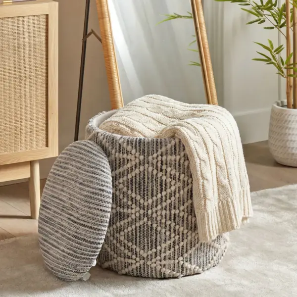 FineBuy Sitzhocker mit Stauraum aus Stoff 40cm Grau Rund – Design Boho Stoffhocker mit abnehmbarem Deckel – Polsterhocker Schminktisch Hocker – Beistellhocker für Wohnzimmer Handmade FineBuy Sitzhocker mit Stauraum aus Stoff 40cm Grau Rund – Design Boho Stoffhocker mit abnehmbarem Deckel – Polsterhocker Schminktisch Hocker – Beistellhocker für Wohnzimmer Handmade