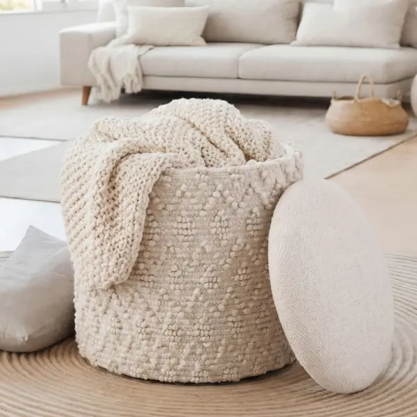 FineBuy Sitzhocker mit Stauraum aus Wolle 40cm Creme Stoff Rund – Design Boho Stoffhocker mit abnehmbarem Deckel – Polsterhocker Schminktisch Hocker – Beistellhocker für Wohnzimmer Handmade FineBuy Sitzhocker mit Stauraum aus Wolle 40cm Creme Stoff Rund – Design Boho Stoffhocker mit abnehmbarem Deckel – Polsterhocker Schminktisch Hocker – Beistellhocker für Wohnzimmer Handmade