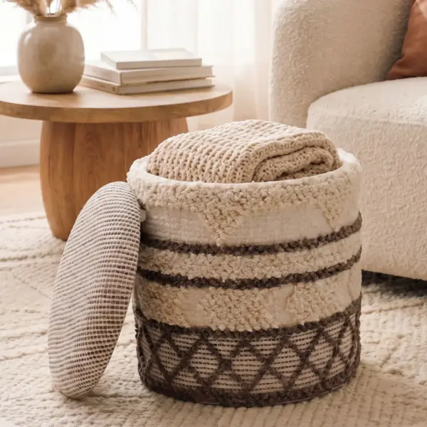 FineBuy Sitzhocker mit Stauraum aus Wolle 40cm Beige Stoff Rund – Design Boho Stoffhocker mit abnehmbarem Deckel – Polsterhocker Schminktisch Hocker – Beistellhocker für Wohnzimmer Handmade FineBuy Sitzhocker mit Stauraum aus Wolle 40cm Beige Stoff Rund – Design Boho Stoffhocker mit abnehmbarem Deckel – Polsterhocker Schminktisch Hocker – Beistellhocker für Wohnzimmer Handmade