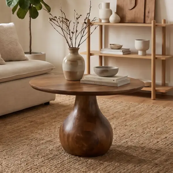 FineBuy Couchtisch Mango Massivholz 60cm Natur Rund – Design Wohnzimmertisch – Sofatisch Holz Kaffeetisch Tropfenform – Beistelltisch Teardrop Tisch Massiv Handmade
