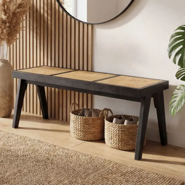 FineBuy Sitzbank Rattan Akazie Massivholz, Schwarz – 120 cm