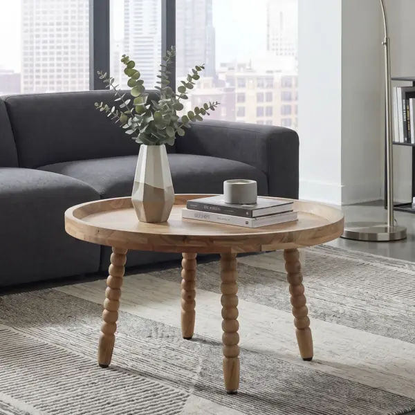 FineBuy Couchtisch Akazie Massivholz 60cm Rund – Design Wohnzimmertisch Sofatisch Holz – Kaffeetisch dekorative Beine – Beistelltisch Massiv Handmade