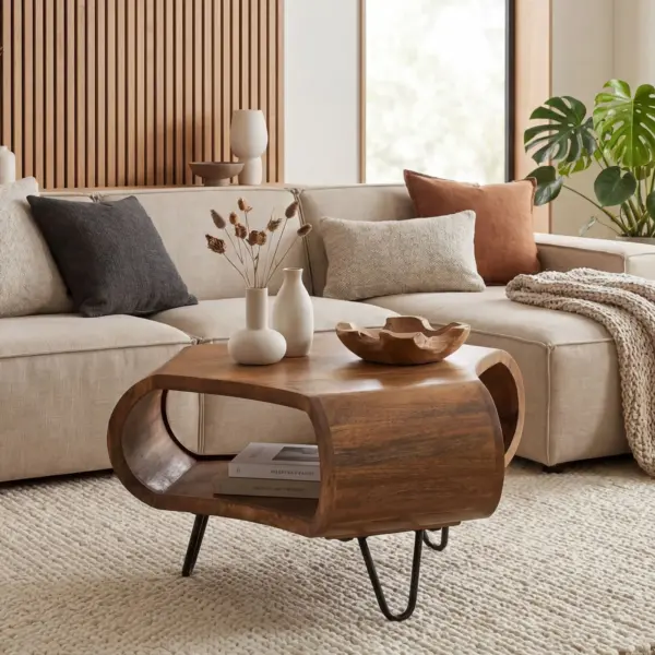 FineBuy Couchtisch Mango Massivholz 60cm Organische Form – Design Wohnzimmertisch mit Stauraum – Sofatisch mit Metallbeine – Beistelltisch mit Ablage Industrial Holz Handmade