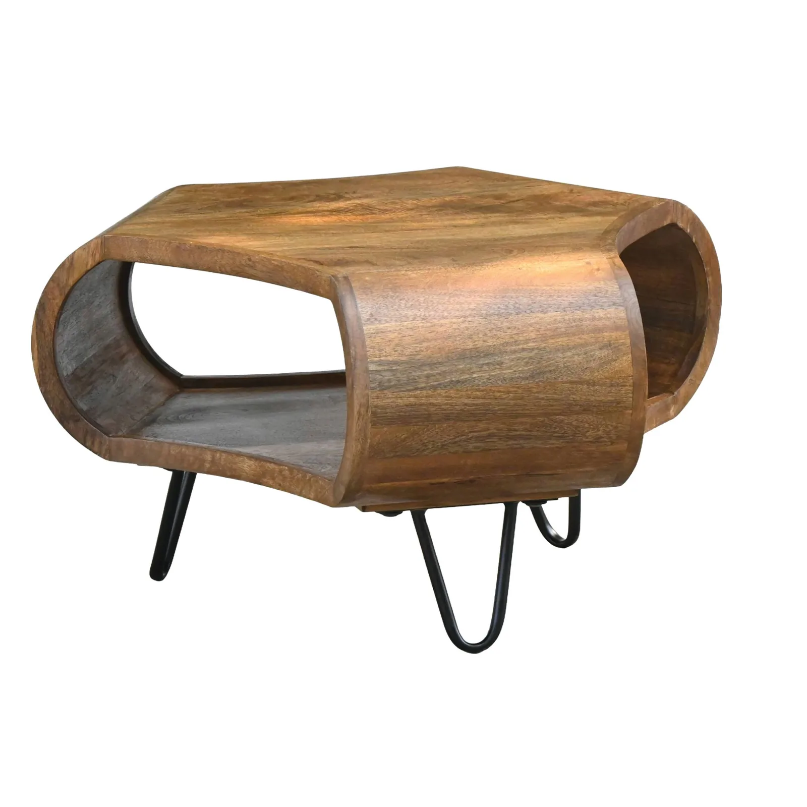 FineBuy Couchtisch Mango Massivholz 60cm Organische Form - Design Wohnzimmertisch mit Stauraum - Sofatisch mit Metallbeine - Beistelltisch mit Ablage Industrial Holz Handmade