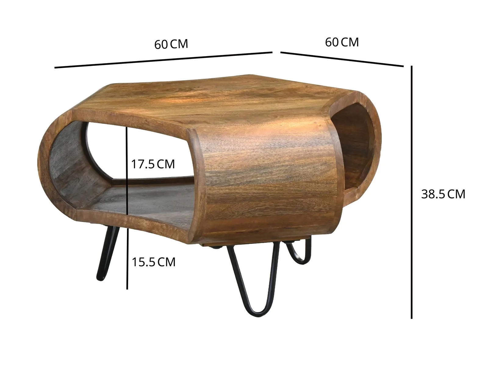 FineBuy Couchtisch Mango Massivholz 60cm Organische Form - Design Wohnzimmertisch mit Stauraum - Sofatisch mit Metallbeine - Beistelltisch mit Ablage Industrial Holz Handmade