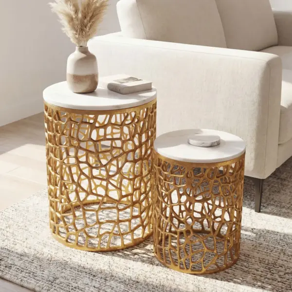 FineBuy 2er Set Couchtisch Gold mit weißer Marmor Tischplatte – Wohnzimmer Tisch Satztisch rund – Beistelltisch Alu modern – Sofatisch Set Aluminium Metallgestell Design Handmade