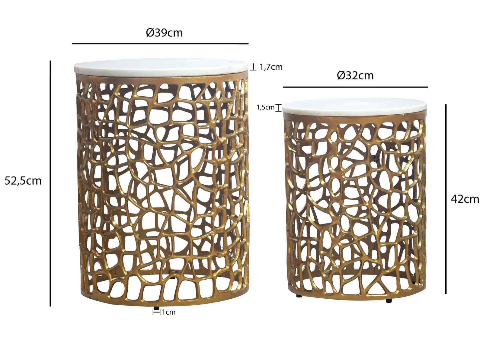 FineBuy 2er Set Couchtisch Gold mit weißer Marmor Tischplatte - Wohnzimmer Tisch Satztisch rund - Beistelltisch Alu modern - Sofatisch Set Aluminium Metallgestell Design Handmade