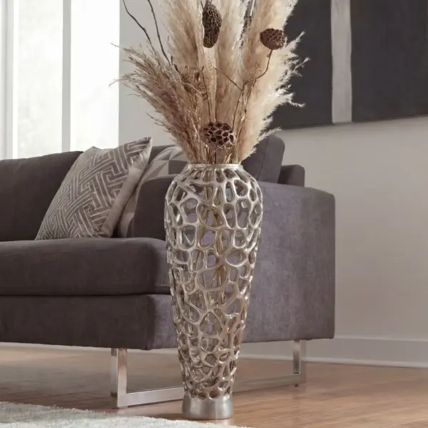 FineBuy Bodenvase Aluminium Silber Design Blumenvase Groß – für Trockenblumen