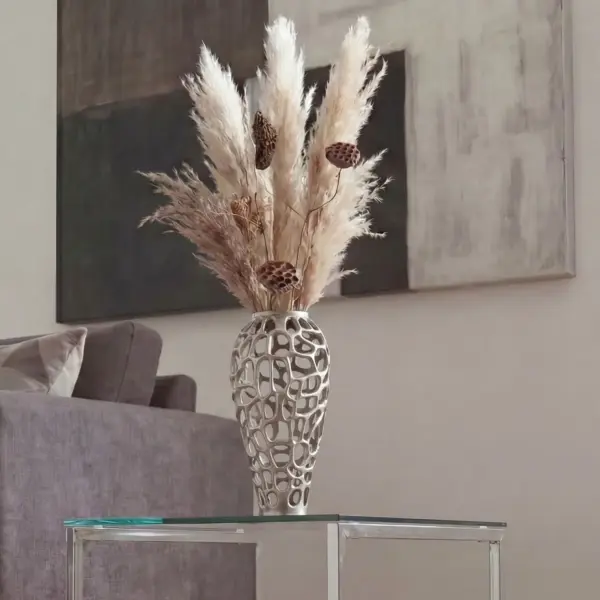 FineBuy Bodenvase Aluminium Silber Design Blumenvase Groß – für Trockenblumen