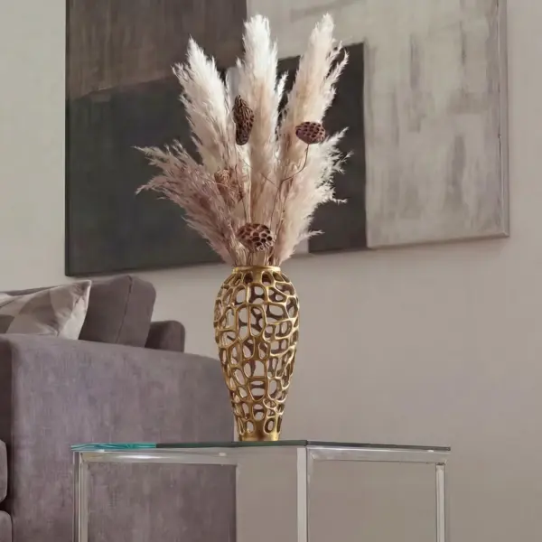 FineBuy Bodenvase Aluminium Gold Design Blumenvase Groß – für Trockenblumen