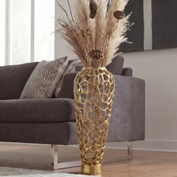FineBuy Bodenvase Aluminium Gold Design Blumenvase Groß – für Trockenblumen