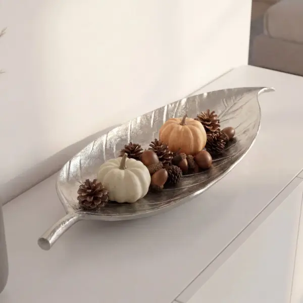 FineBuy Dekoschale Blatt aus Aluminium, Silber – 61 cm FineBuy Dekoschale Blatt aus Aluminium, Silber – 61 cm