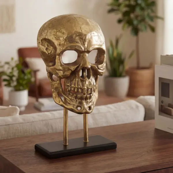 FineBuy Standdeko Totenkopf aus Aluminium, Gold – 57 cm FineBuy Standdeko Totenkopf aus Aluminium, Gold – 57 cm