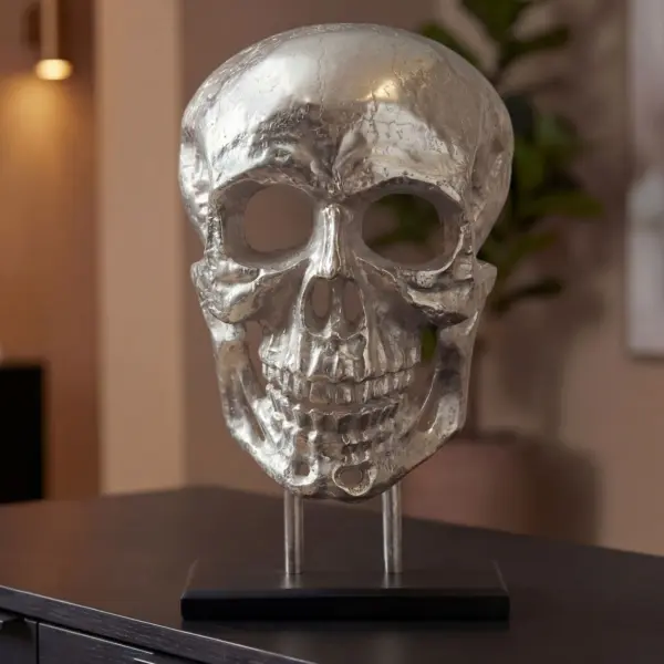 FineBuy Standdeko Totenkopf aus Aluminium, Silber – 57 cm FineBuy Standdeko Totenkopf aus Aluminium, Silber – 57 cm