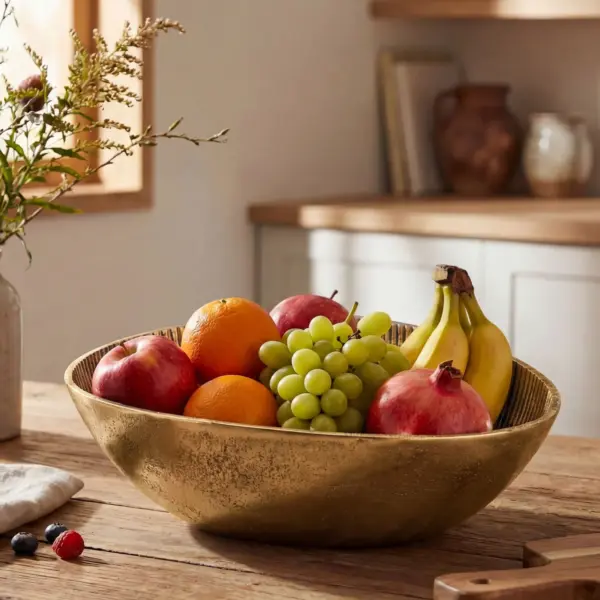 FineBuy Obstschale Schale Metall 30cm Tischdeko Oval – Moderner Obstkorb Rillen-Design aus Aluminium – Elegante Metallschale – Alu Früchteschale Handmade