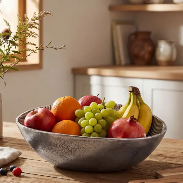FineBuy Obstschale Schale Metall 30cm Tischdeko Oval – Moderner Obstkorb Rillen-Design aus Aluminium – Elegante Metallschale – Alu Früchteschale Handmade