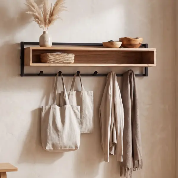 FineBuy Wandgarderobe Akazie aus Massivholz, Braun – 90 cm FineBuy Wandgarderobe Akazie aus Massivholz, Braun – 90 cm