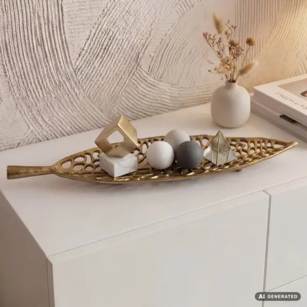 FineBuy Dekoschale Blatt aus Aluminium, Gold – 63 cm FineBuy Dekoschale Blatt aus Aluminium, Gold – 63 cm