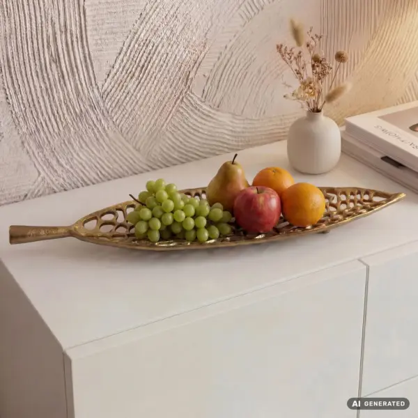 FineBuy Obstschale Blatt Schale Metall aus Aluminium, Gold – 63 cm