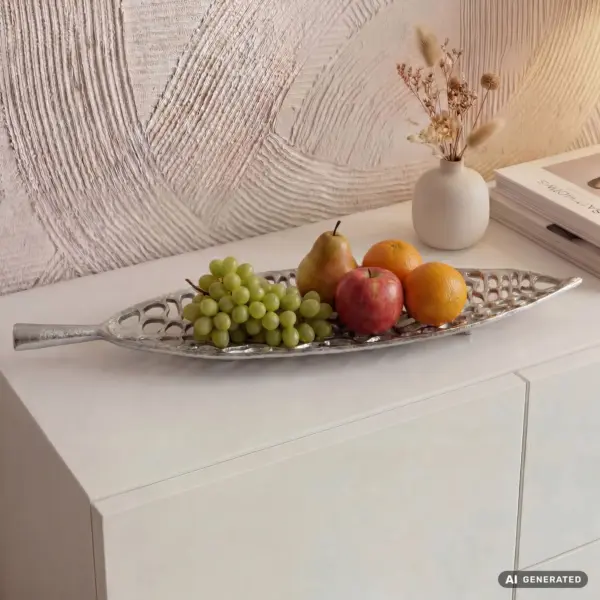 FineBuy Obstschale Blatt Schale Metall aus Aluminium, Silber – 63 cm