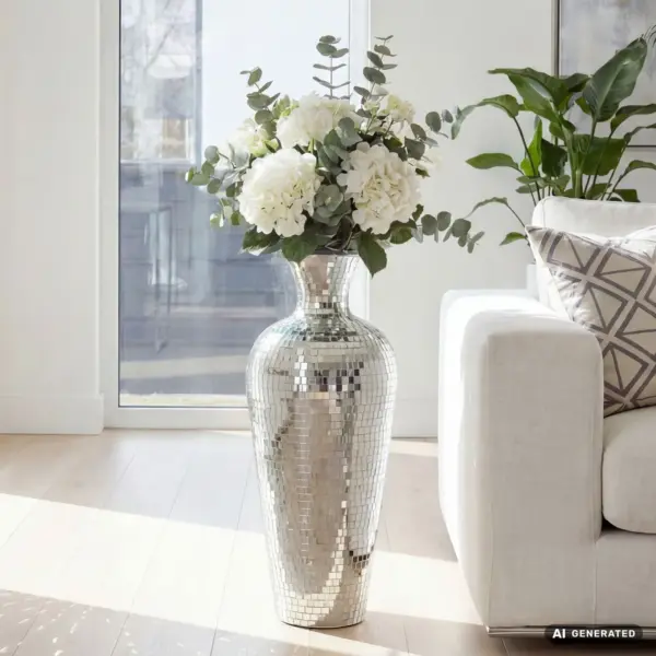FineBuy Bodenvase Aluminium Silber Blumenvase Groß – für Trockenblumen