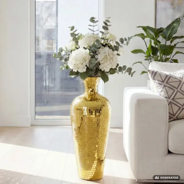 FineBuy Bodenvase Aluminium Gold Blumenvase Groß – für Trockenblumen