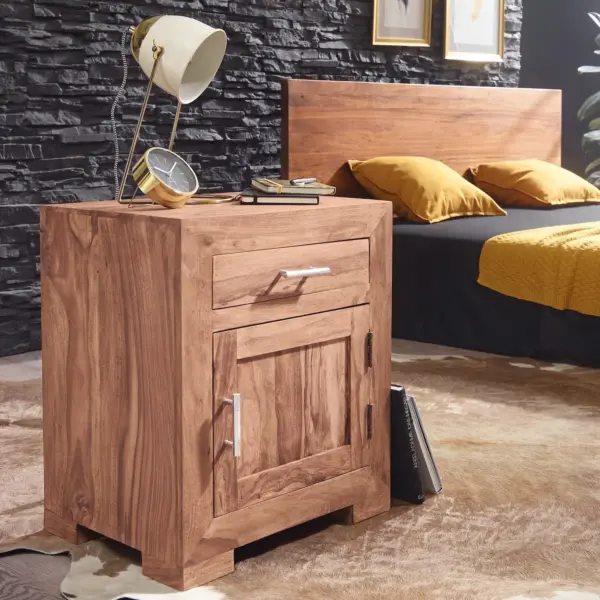 FineBuy Nachtkästchen Massivholz mit Stauraum, Braun – 50 × 40 × 60 cm