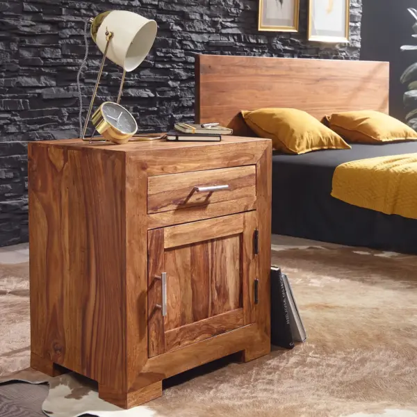 FineBuy Nachtkästchen Massivholz mit Stauraum, Braun – 50 × 40 × 60 cm