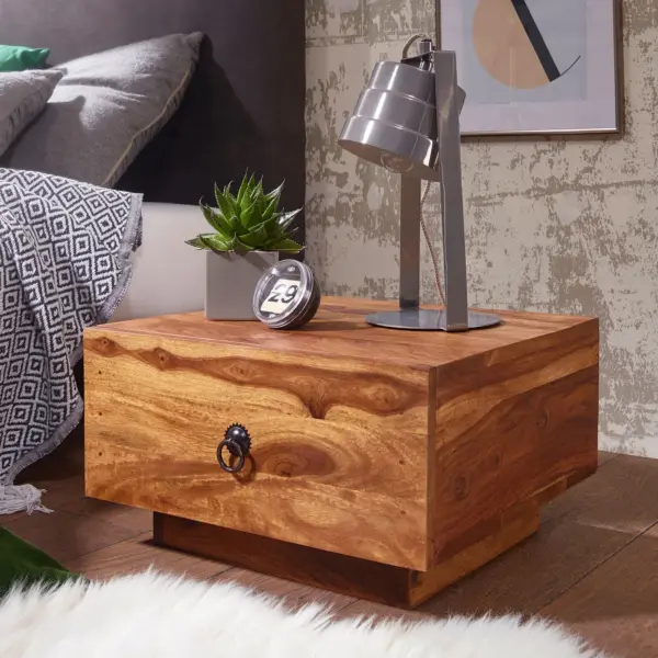 FineBuy Nachttisch Sheesham Massivholz niedrig, Braun – 40 × 40 × 25 cm