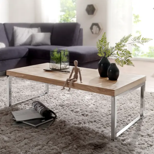 FineBuy Couchtisch Massivholz 120cm · Rechteckiger Wohnzimmertisch mit verchromtem Kufengestell · Handgefertigter Sofatisch im modernen Industrial Design