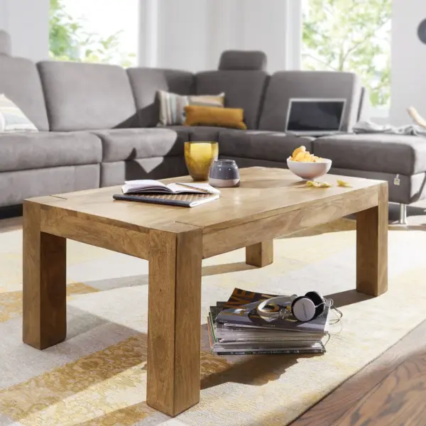 FineBuy Couchtisch Massivholz 110cm · Rechteckiger Wohnzimmertisch aus Echtholz · Handgefertigter Sofatisch im Landhaus Design mit klarer Linienführung