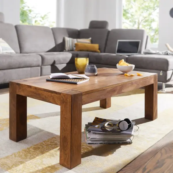 FineBuy Couchtisch Massivholz 110cm · Rechteckiger Wohnzimmertisch aus Echtholz · Handgefertigter Sofatisch im Landhaus Design mit klarer Linienführung