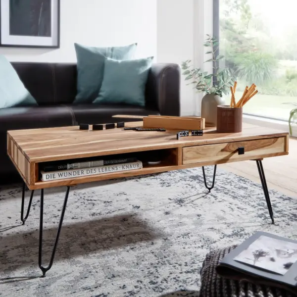 FineBuy Couchtisch Massivholz 110 cm · Industrial Wohnzimmertisch rechteckig mit Hairpin Beinen, 2 Schubladen & Ablagefächern · Handgefertigt