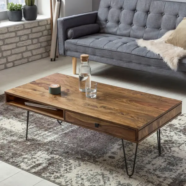 FineBuy Couchtisch Massivholz 110 cm · Industrial Wohnzimmertisch rechteckig mit Hairpin Beinen, 2 Schubladen & Ablagefächern · Handgefertigt