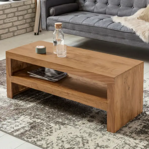 FineBuy Couchtisch Sheesham Massivholz 110cm – Rechteckiger Wohnzimmertisch mit Ablagefach – Handgefertigter Sofatisch aus Echtholz im natürlichen Landhaus Design
