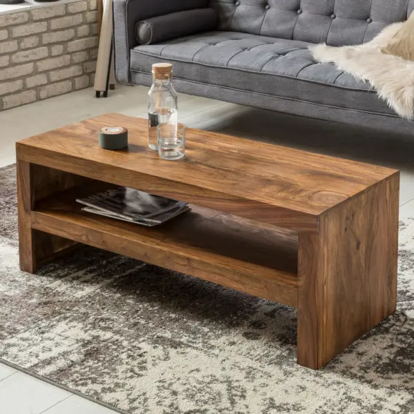 FineBuy Couchtisch Sheesham Massivholz 110cm – Rechteckiger Wohnzimmertisch mit Ablagefach – Handgefertigter Sofatisch aus Echtholz im natürlichen Landhaus Design