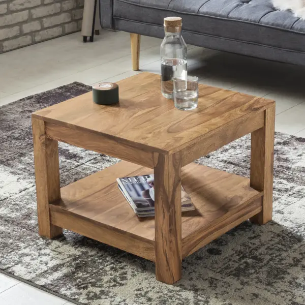 FineBuy Couchtisch Massivholz 60×60 cm · Quadratischer Wohnzimmertisch mit Ablage · Handgefertigter Echtholztisch im natürlichen Design